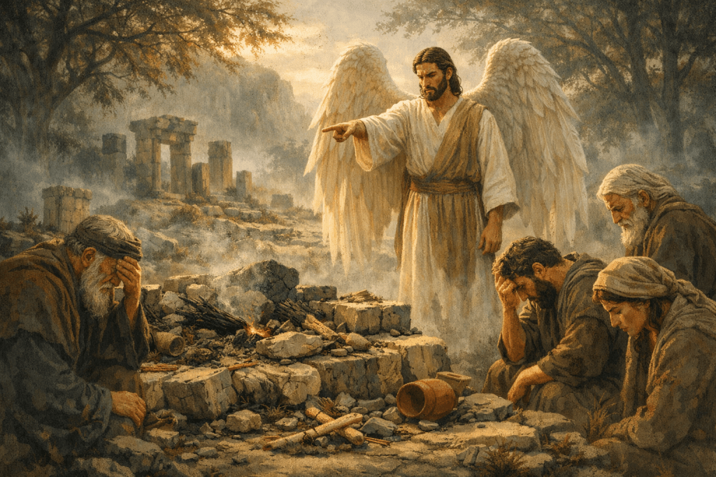 A scene depicting a majestic angel pointing while addressing a group of four mournful figures, set in a desolate landscape with ruins in the background.