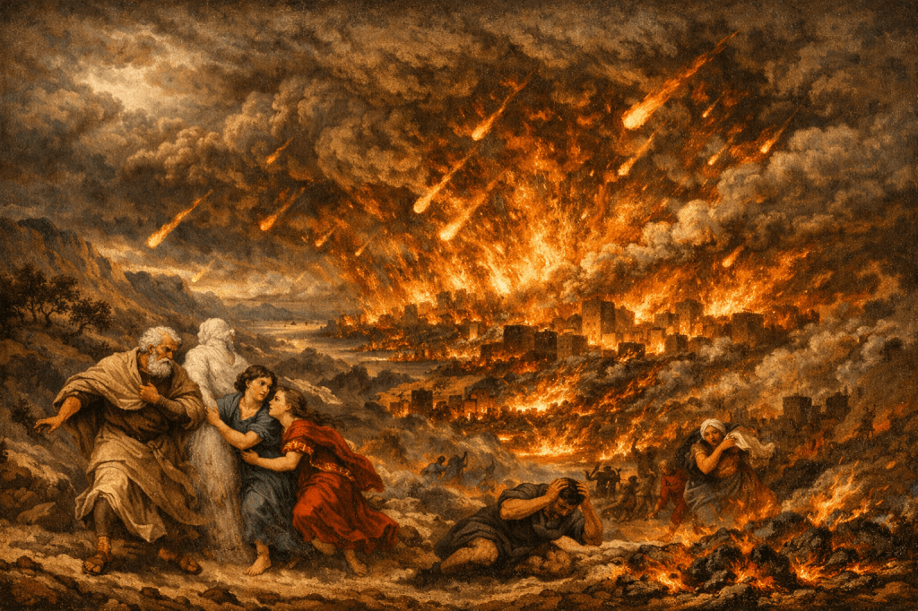 A dramatic scene depicting a city in flames due to falling meteors, with several figures fleeing in panic amidst the chaos.