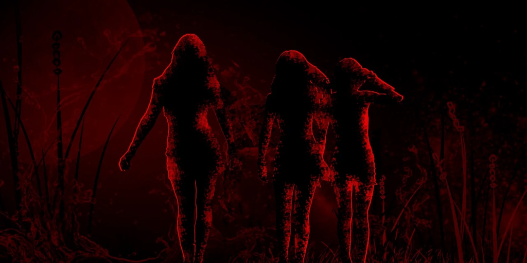 Silhouettes of three women standing on a dark background with a red hue, surrounded by abstract shapes and textures.