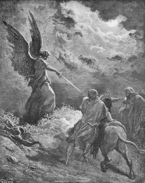 A dramatic black and white illustration of an angel with large wings holding a sword, standing imposingly in a cloud-filled sky while a figure on a donkey,seemingly alarmed, look toward the angel.