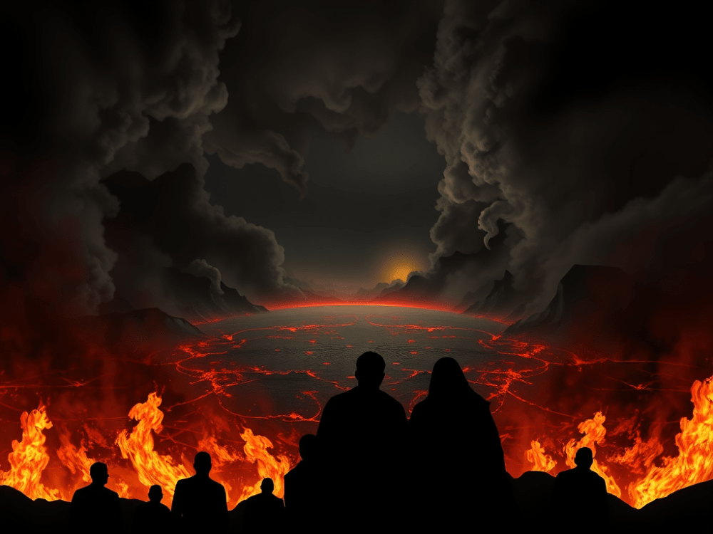 Silhouettes of people watching a fiery volcanic landscape, with lava and smoke against a dark sky.