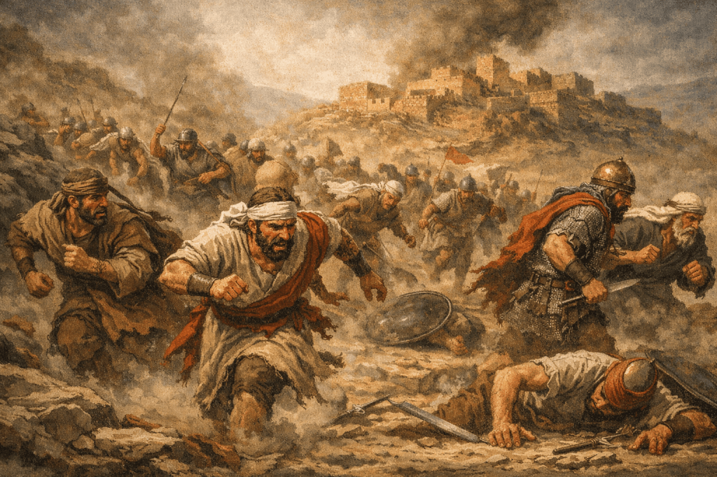 A dramatic scene depicting warriors in ancient battle, running through rocky terrain with weapons drawn, amidst a backdrop of smoke and a distant fortress.