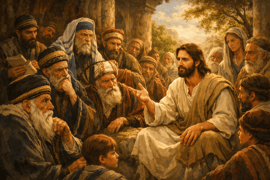 A historical painting depicting a scene with Jesus surrounded by a diverse group of people, including men, women, and children, engaged in conversation. Jesus is gesturing as he speaks, with many listeners showing attentive expressions.