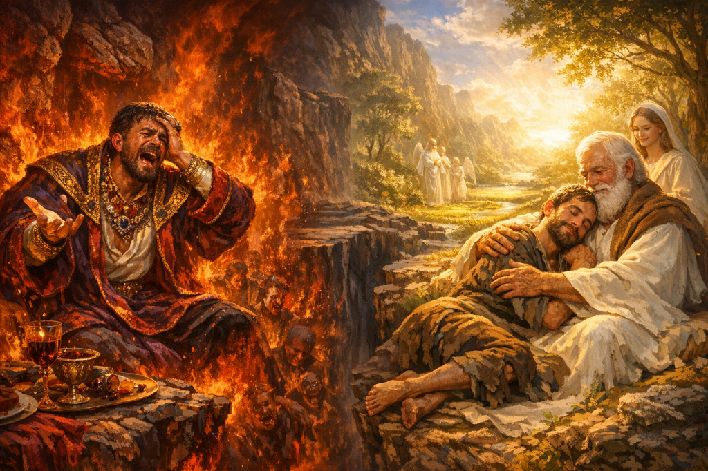 A dramatic painting depicting two contrasting scenes: on one side, a distressed man in royal attire surrounded by flames, expressing despair, while on the other side, a peaceful embrace between an elder and a young man in a serene, light-filled landscape, accompanied by angels in the background.