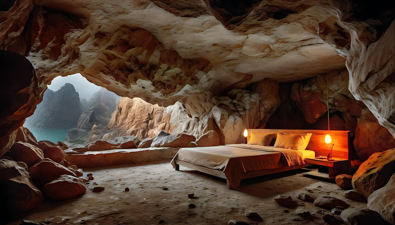 A bed with bedside table and lamp inside a large natural cave overlooking rocky mountains and a body of water