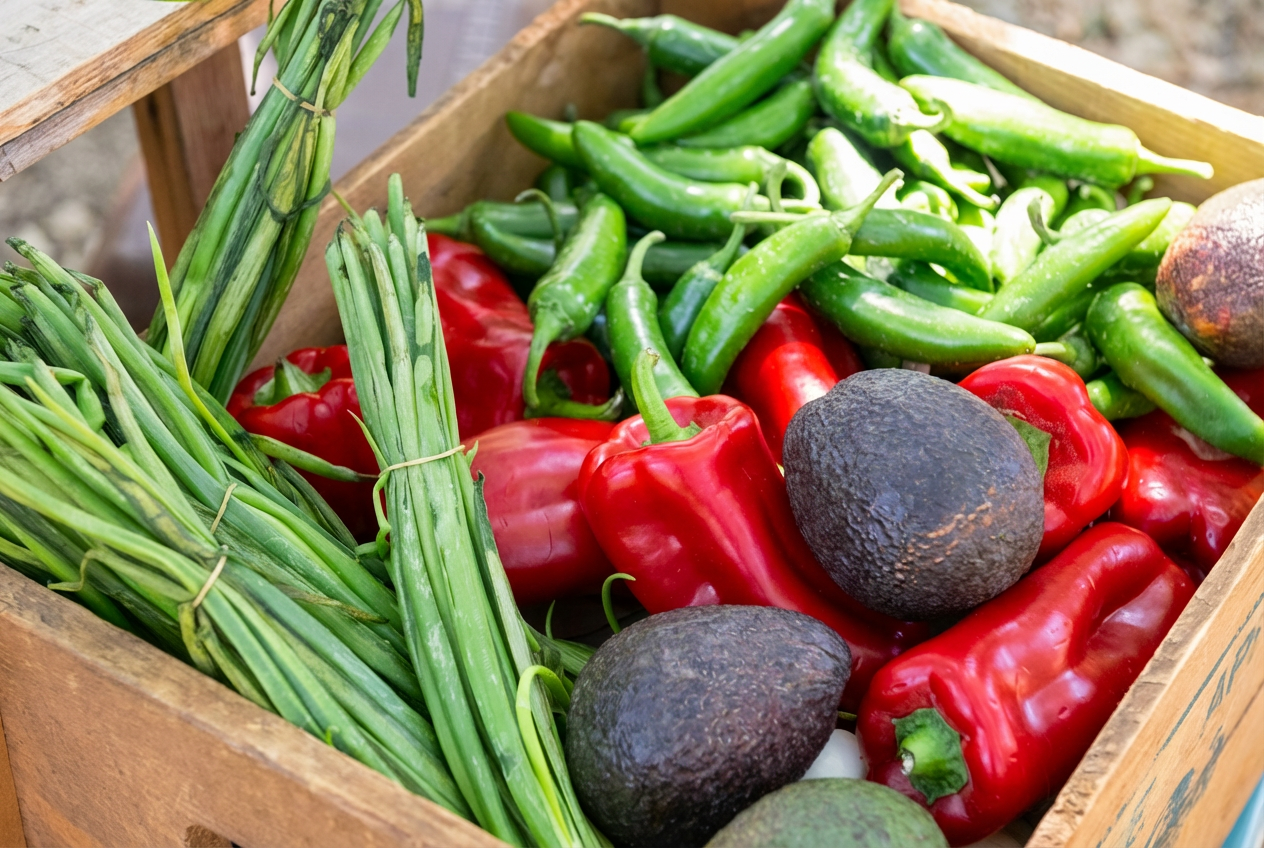 coloured vegetables and fruits in a wooden box