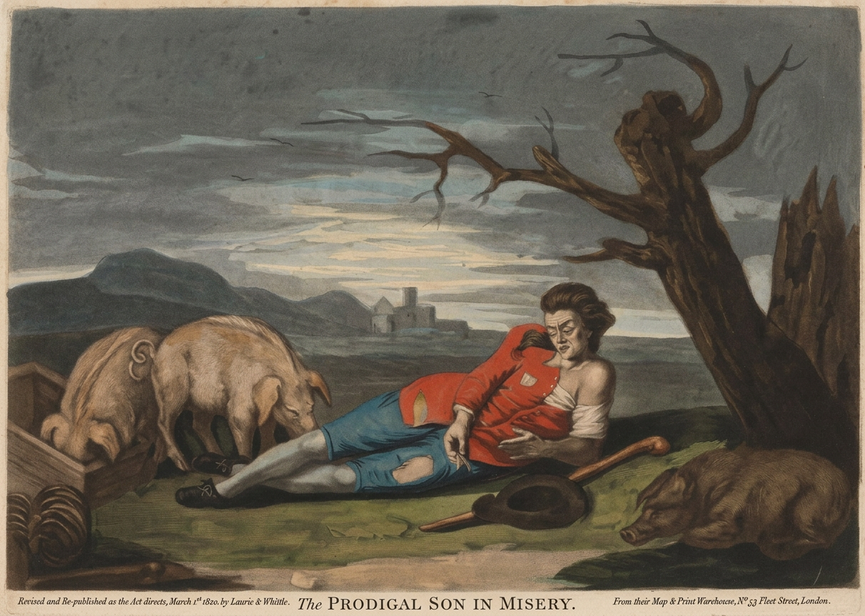 The Prodigal Son lying on the ground near pigs with a barren tree in a dark landscape