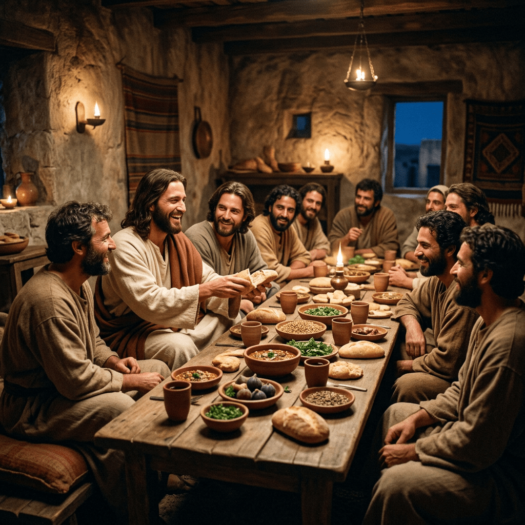Men sitting around a wooden table sharing bread and dishes in a dimly lit room