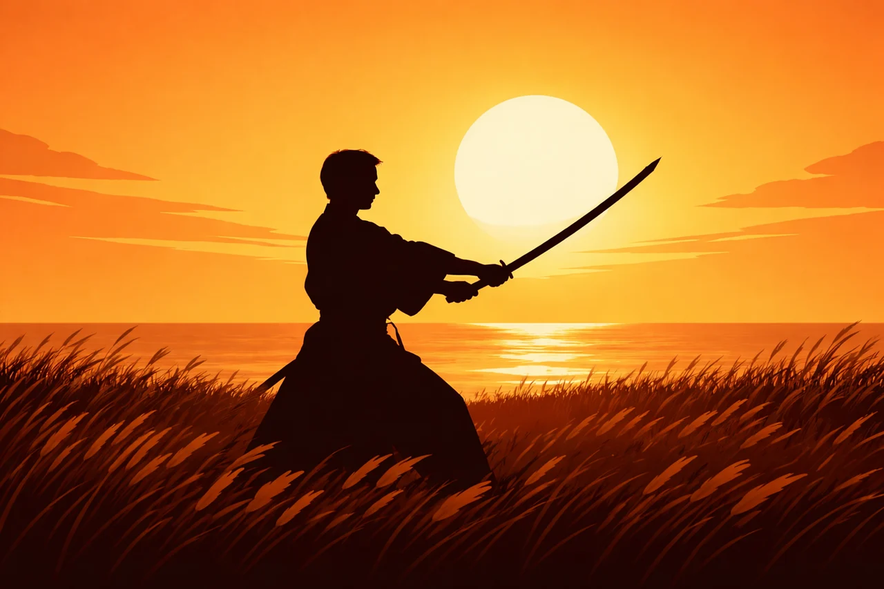 Samurai practicing swordsmanship at sunset Silhouette of a person practicing kendo with a sword in a grassy field at sunset over the ocean