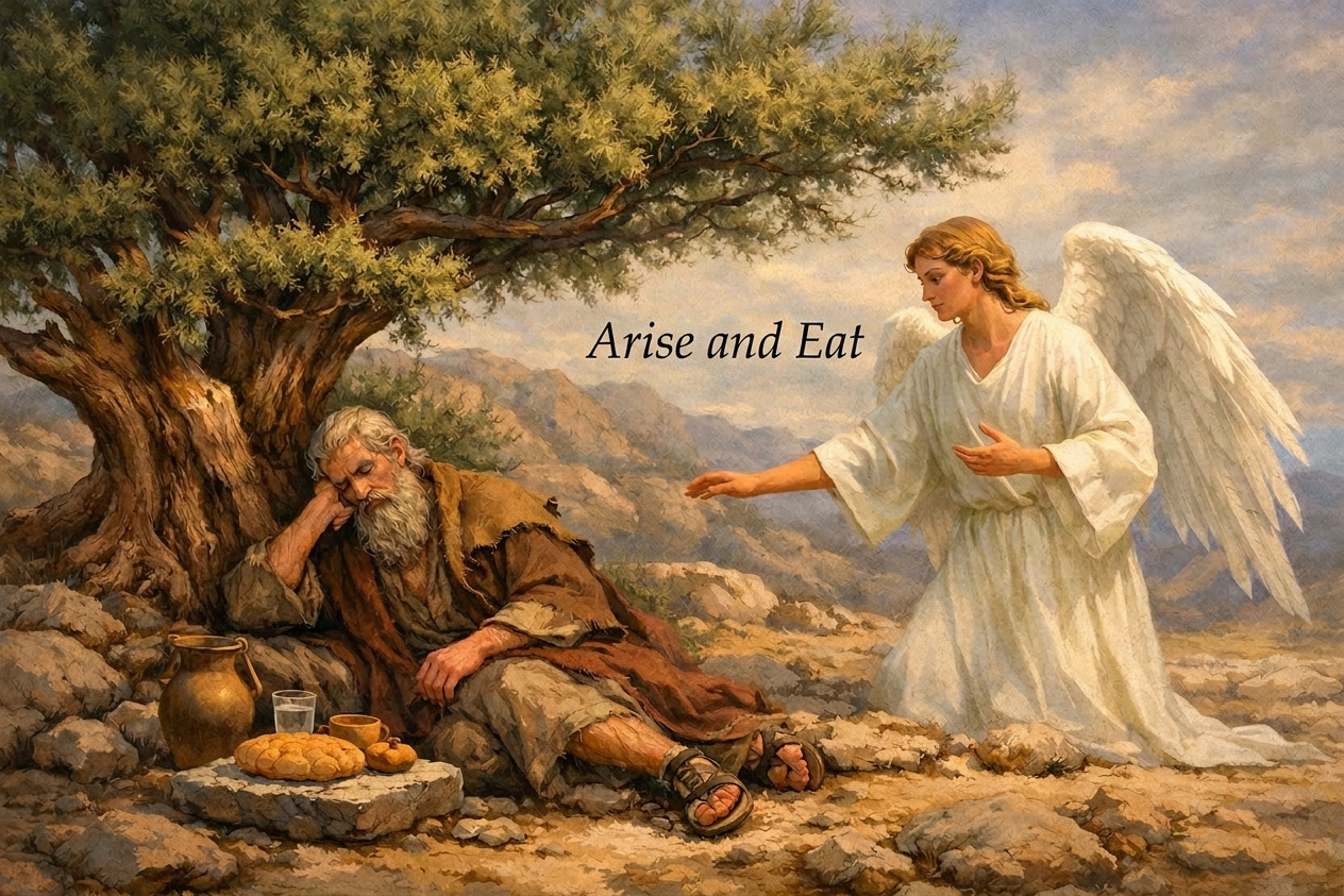 An angel in white robes tells an elderly man resting under a tree to 'Arise and eat.' Bread, a jug, and a cup are placed nearby on a stone.