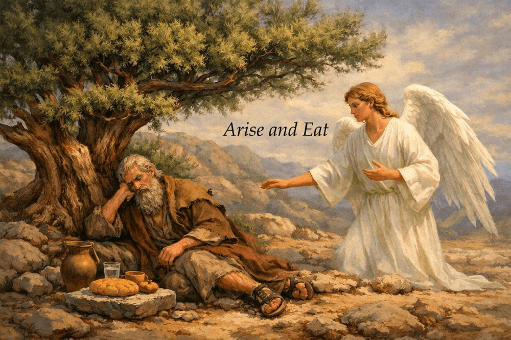 An angel in white robes tells an elderly man resting under a tree to 'Arise and eat.' Bread, a jug, and a cup are placed nearby on a stone.