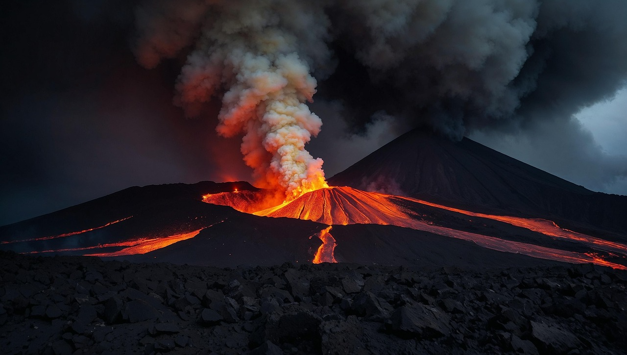 Volcano erupting at night with flowing lava and thick smoke plume