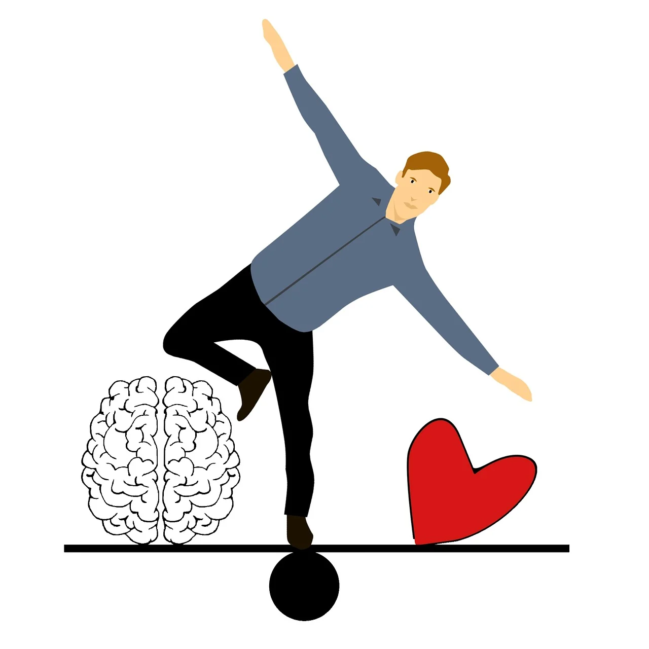 Illustration of a person balancing on one foot on a seesaw with a brain on one side and a heart on the other, symbolizing balancing logic and emotion