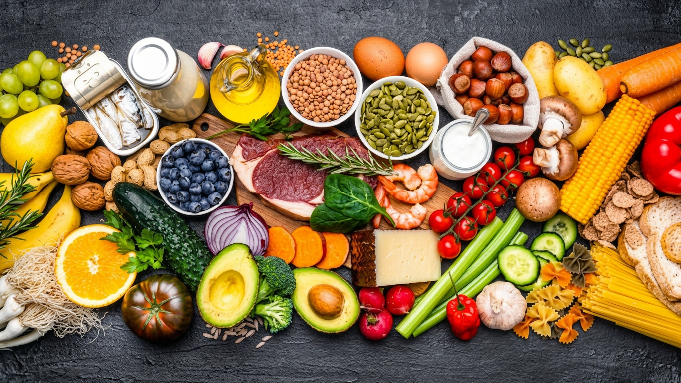 Assorted healthy foods including fruits, vegetables, nuts, seeds, legumes, dairy, eggs, and whole grains arranged on a dark surface