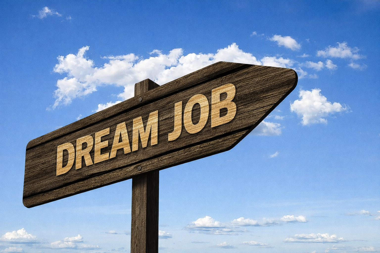 Conceptual signpost indicating career goals Wooden signpost pointing right with the text 'DREAM JOB' against a blue sky with clouds