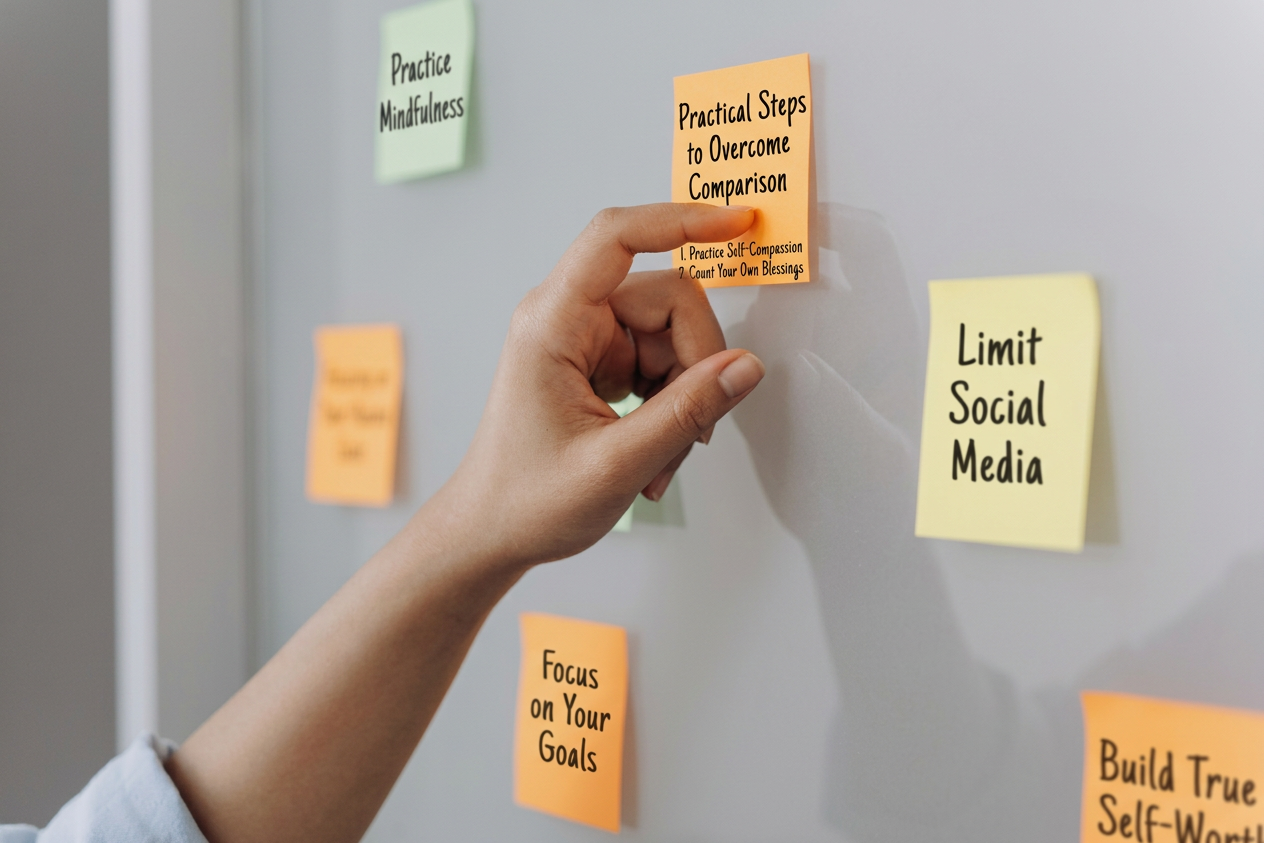 Hand placing an orange sticky note labeled Medium Low on a whiteboard with other sticky notes