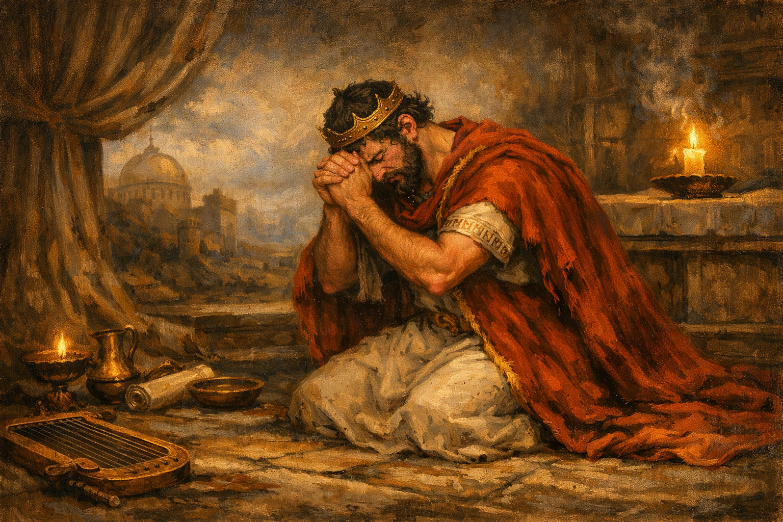 King in solemn prayer with royal artifacts King David kneeling with clasped hands in prayer, wearing crown and red robe