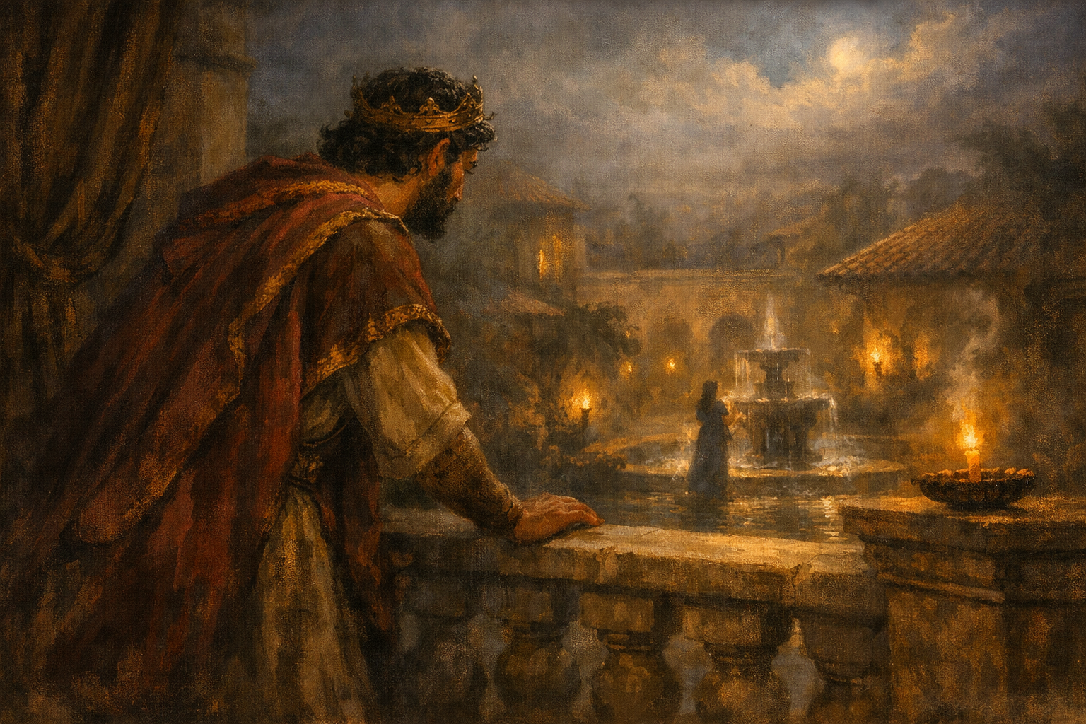 Royal figure observing moonlit courtyard A crowned man in royal robes gazes from a balcony at a distant woman standing by an illuminated fountain in a courtyard at night