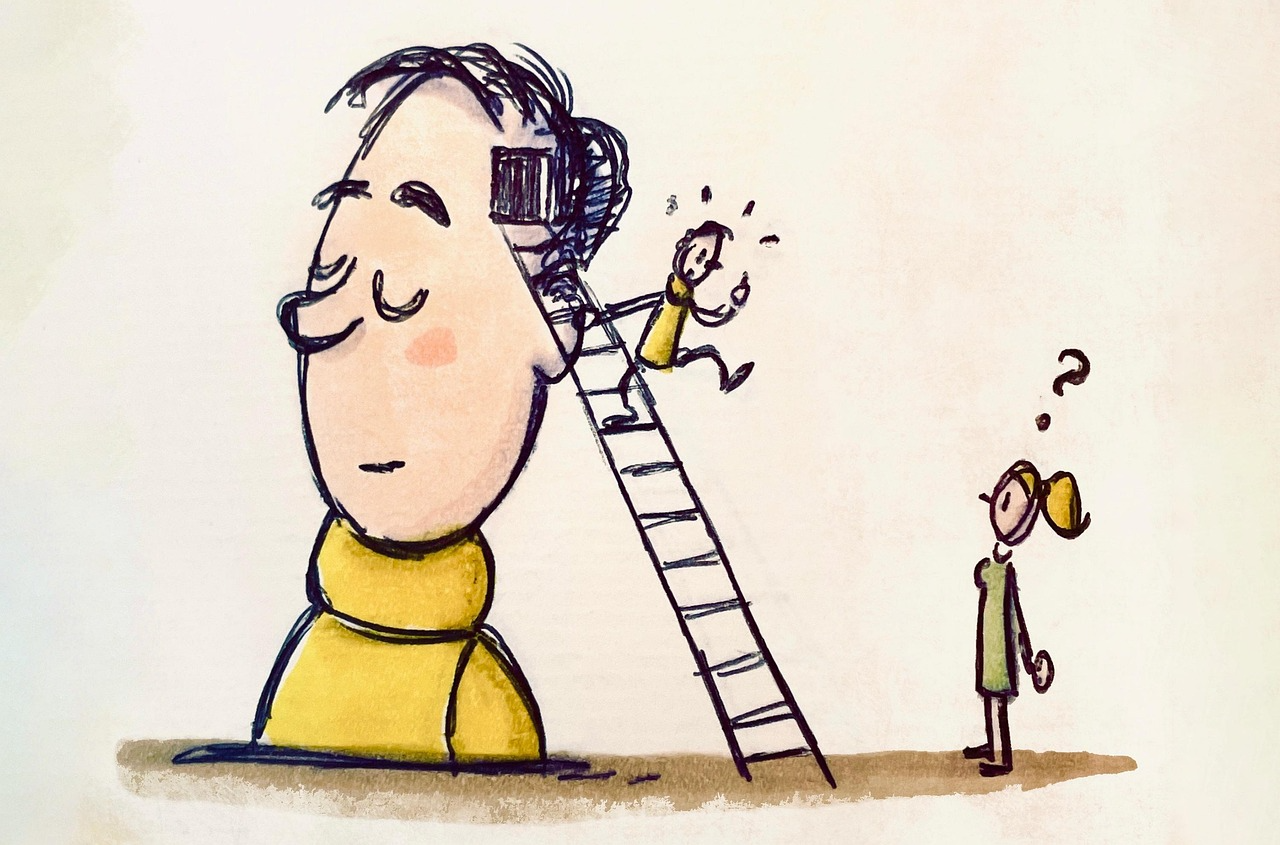 A small figure climbing a ladder into a large head while another figure watches with a question mark above their head
