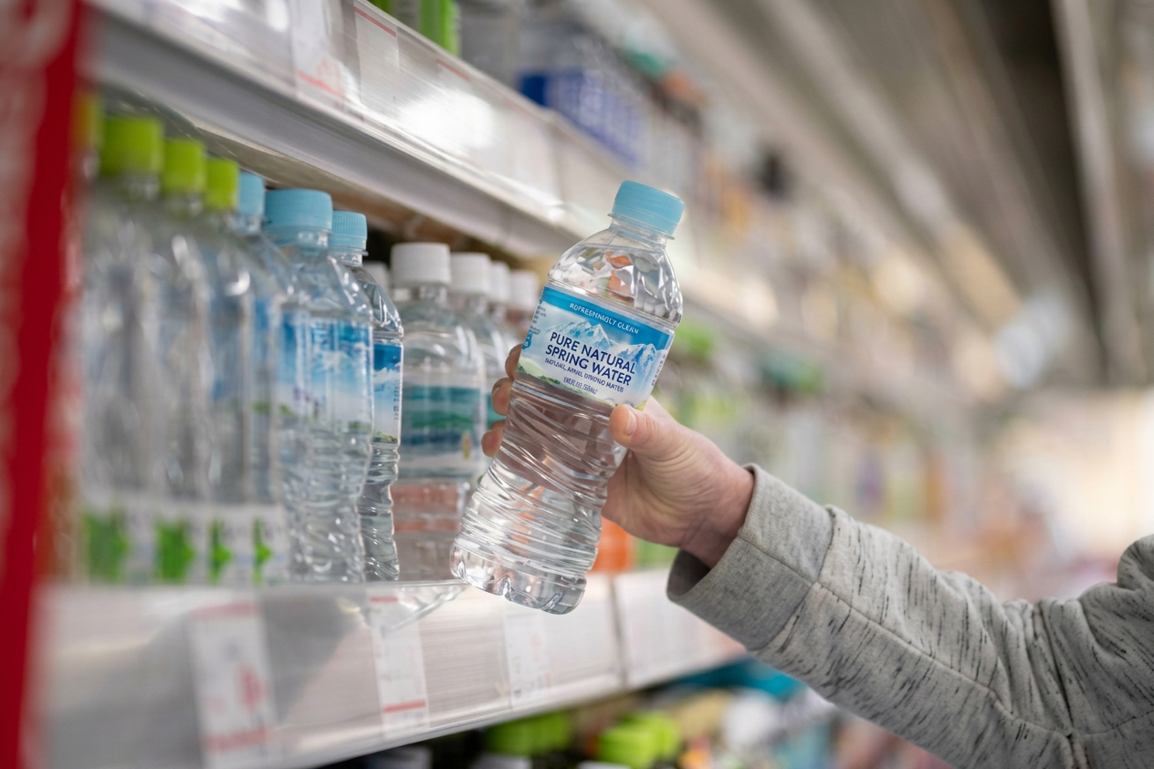 Grocery shopping bottled water selection Hand holding a bottle of Pure Natural Spring Water in a store aisle