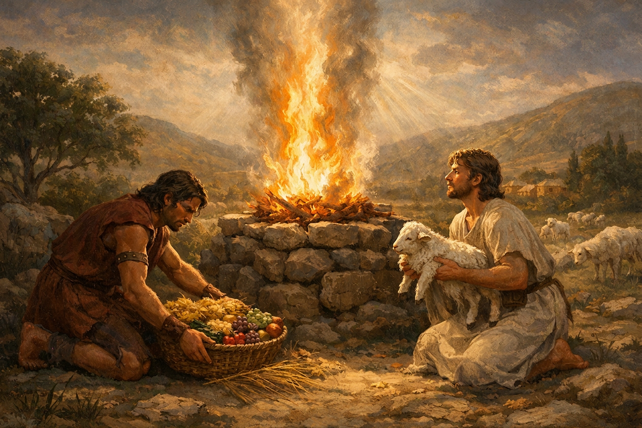 Biblical offering scene with fire altar Two men kneeling before a large burning altar outdoors; one holds a lamb, the other presents a basket of fruit and vegetables