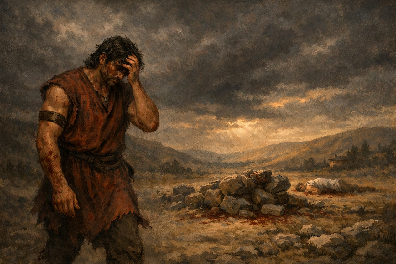 Ancient sacrifice aftermath with grieving figure Man in torn clothes holding head near stone pile and fallen person in barren landscape
