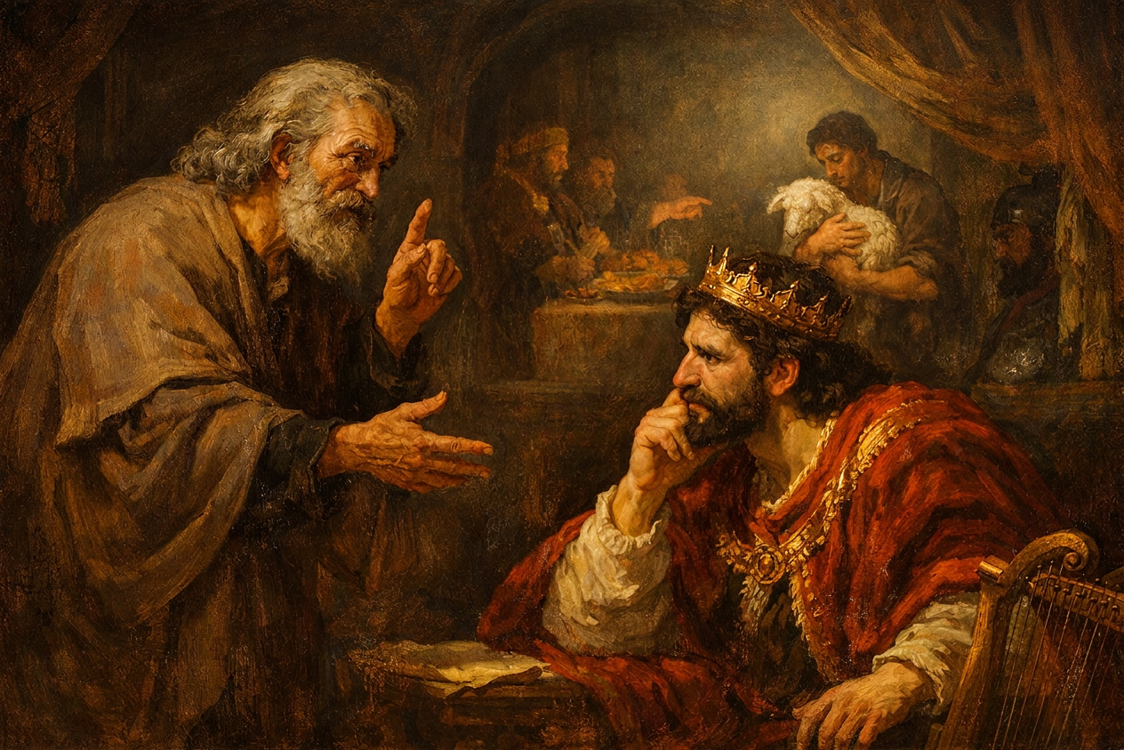 An elderly man speaks earnestly to a seated king wearing a crown and red robe, with attendants and a man holding a lamb in the background