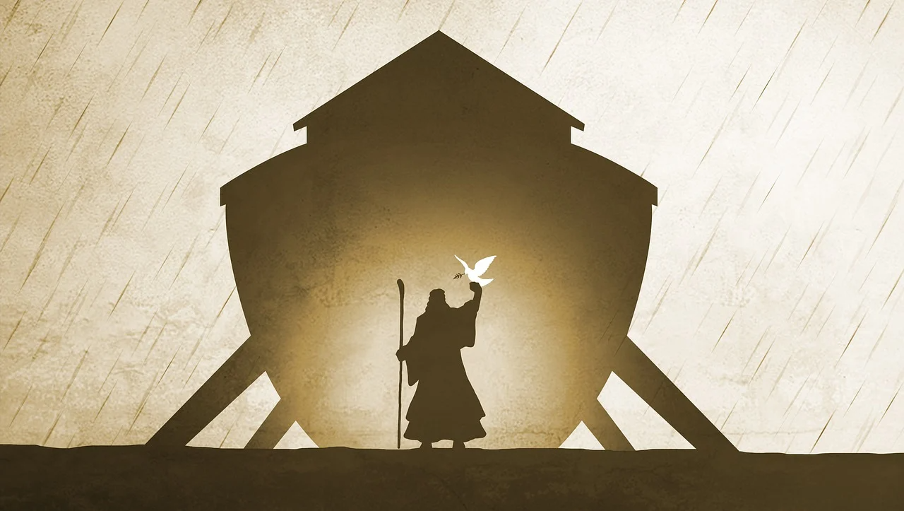Symbolic nativity scene conveying peace Silhouette of a robed traveler holding a dove beside a large house