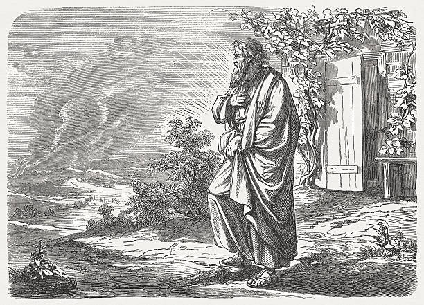 Biblical prophet walking near seaside retreat Bearded robed man standing beside a vine-covered doorway overlooking a stormy landscape
