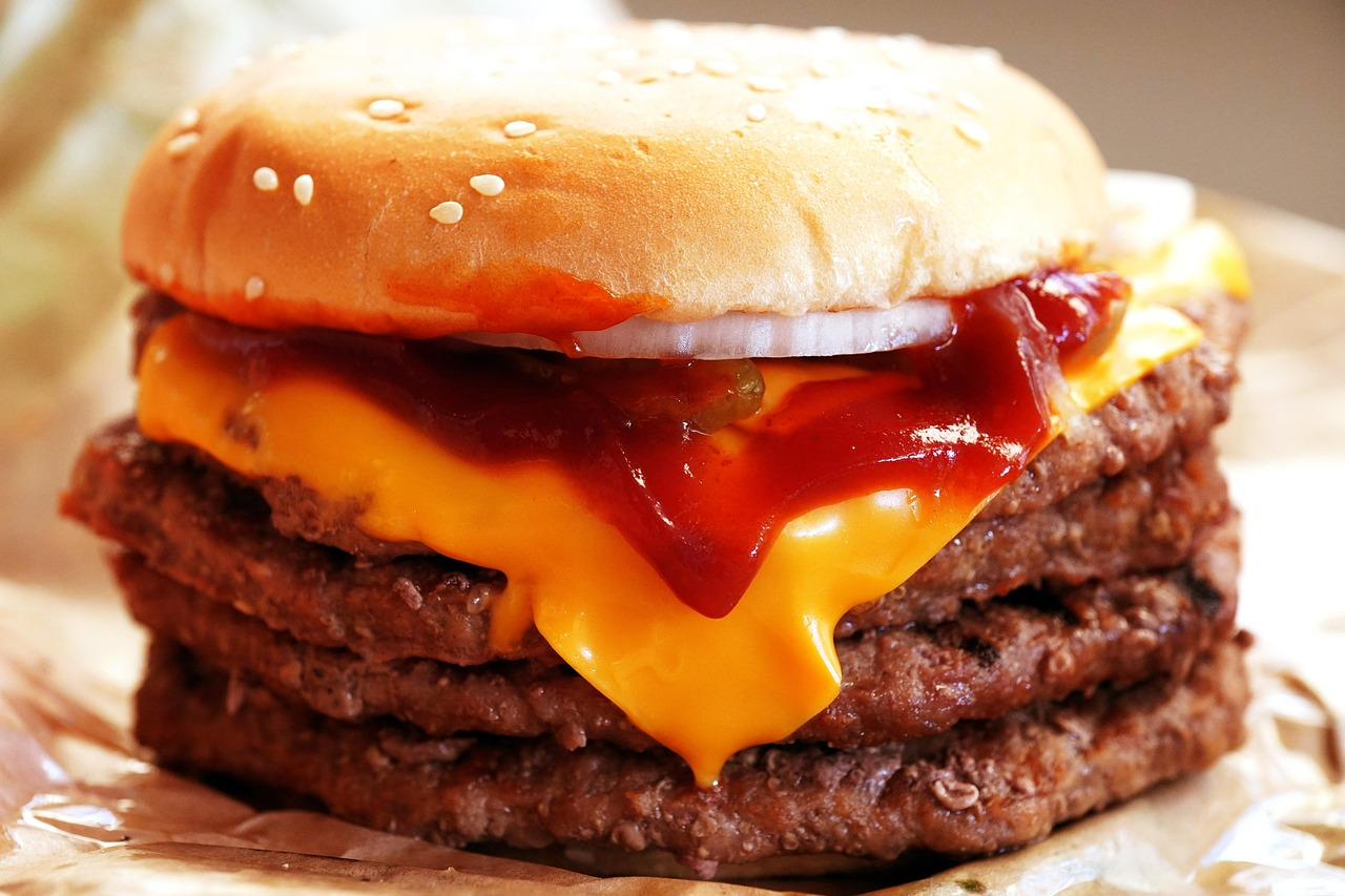 Triple cheeseburger with sesame bun and ketchup Double cheeseburger with sesame bun, onions, ketchup, and melted cheese