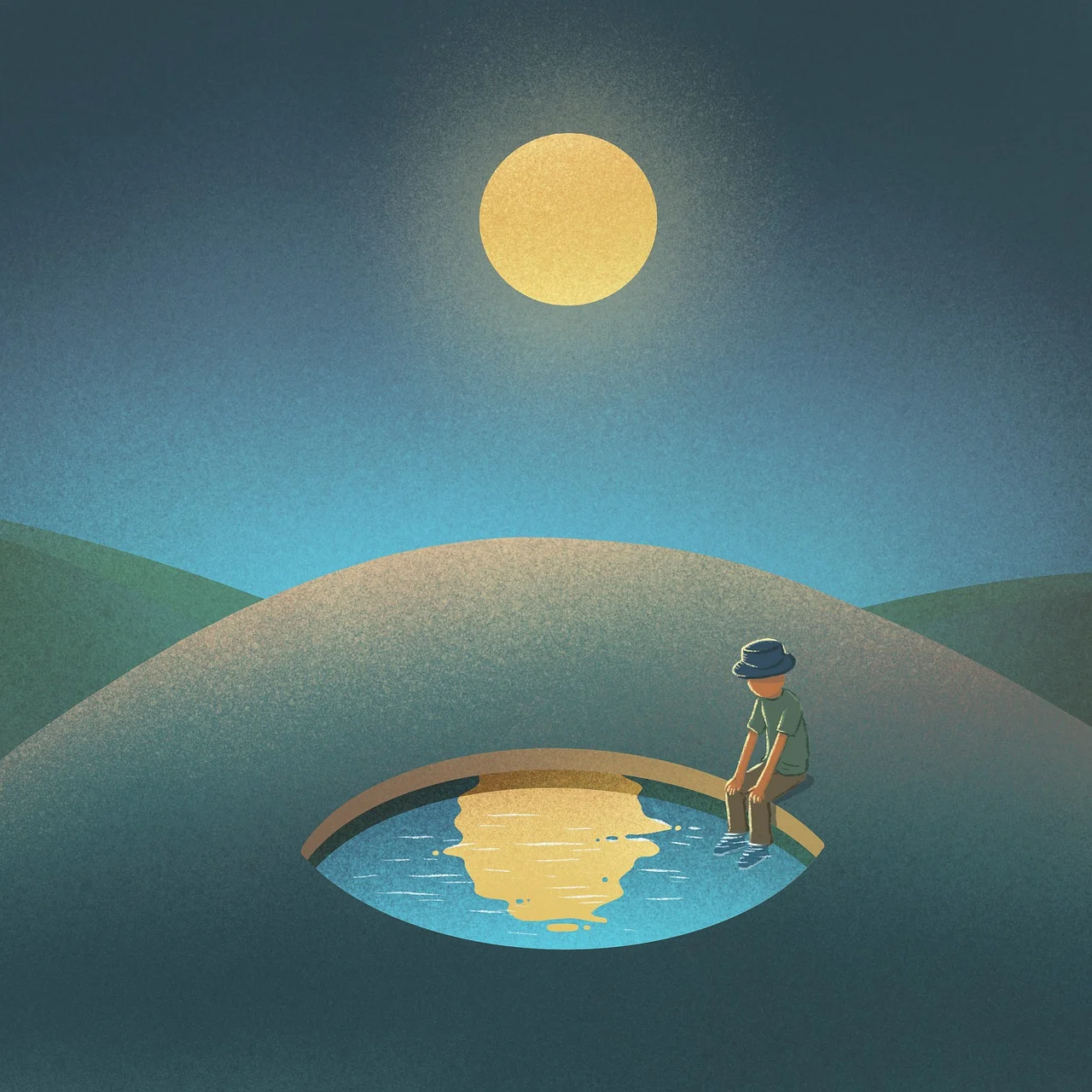 Solitary reflection beside a moonlit pool Child in a hat sitting in a reflective puddle beneath a bright moon