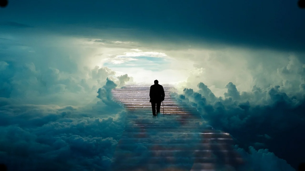 Journey of an elderly man ascending stairs A person walking up a staircase surrounded by clouds towards a bright opening in the sky