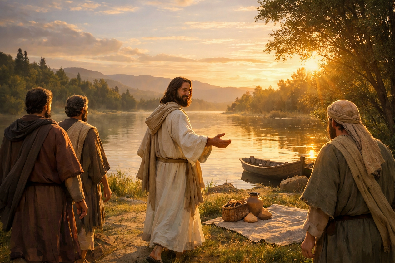 Biblical scene at peaceful riverside Jesus talking to three disciples near a river at sunset with a boat and baskets nearby
