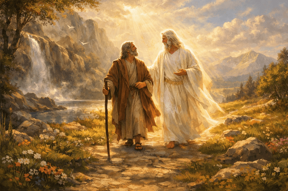 Two robed men walking on a flower-lined path in a sunlit mountainous landscape with a waterfall nearby
