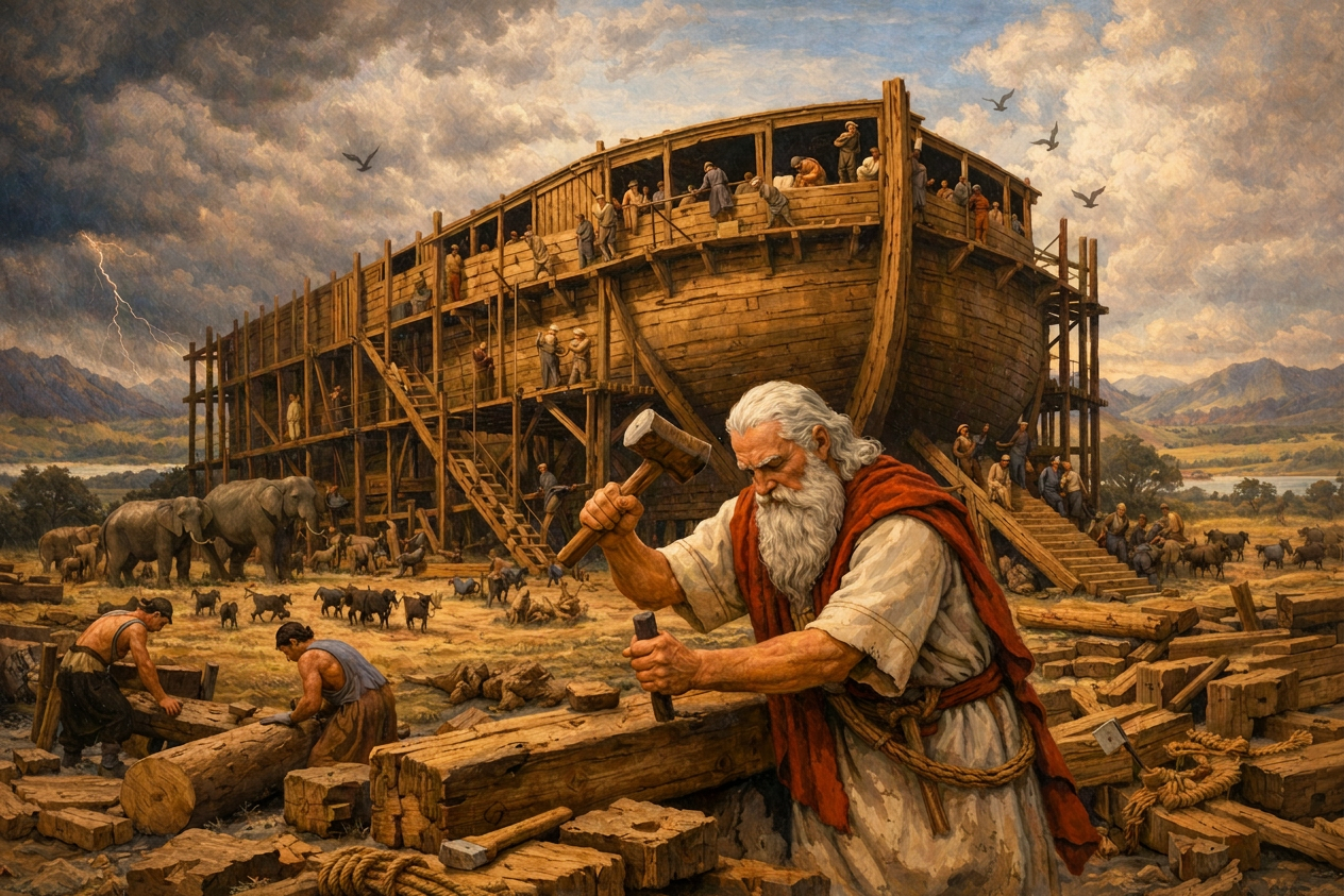 Biblical ark construction during approaching storm Bearded elder leads construction of a massive wooden ark as animals gather nearby