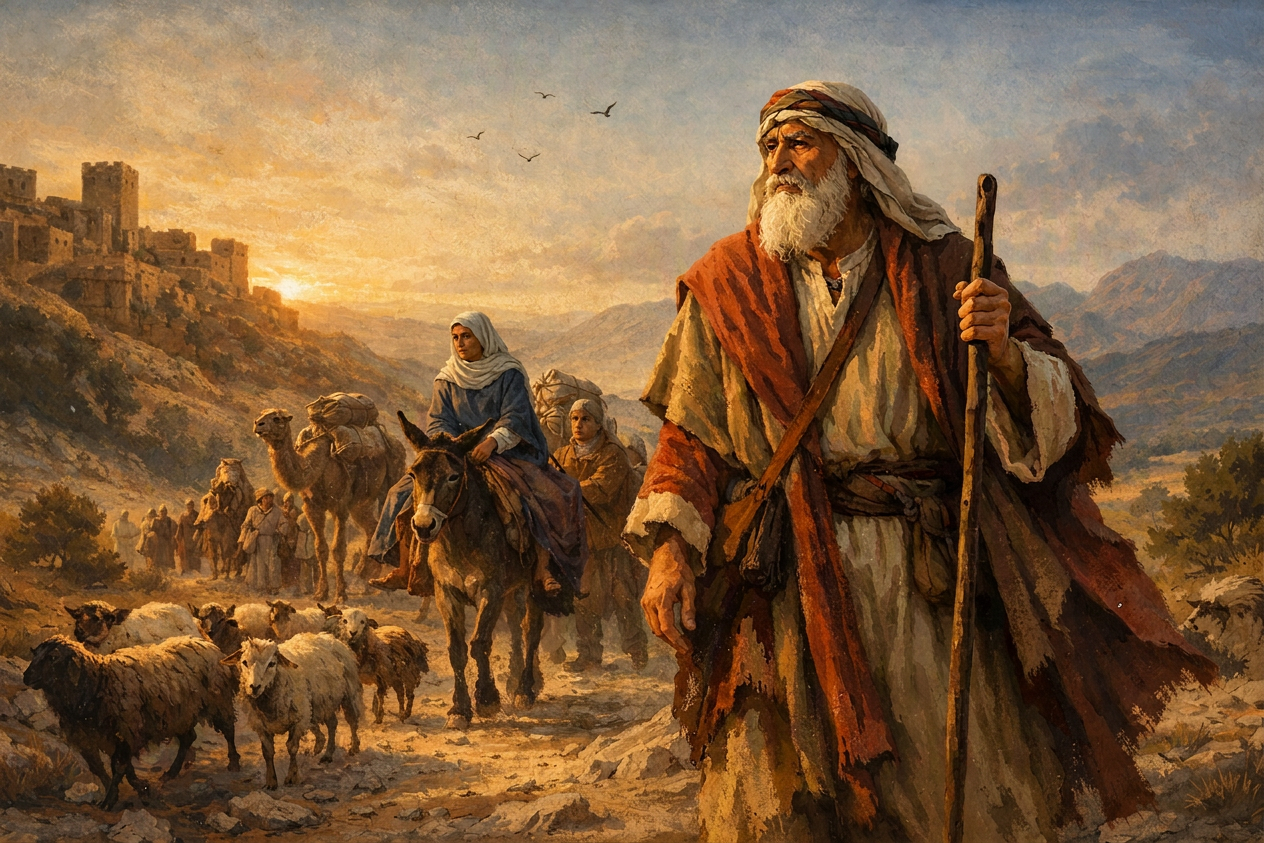 Pilgrimage journey through ancient biblical lands An elderly shepherd leads a caravan of riders, camels, and sheep through a mountain valley at sunset