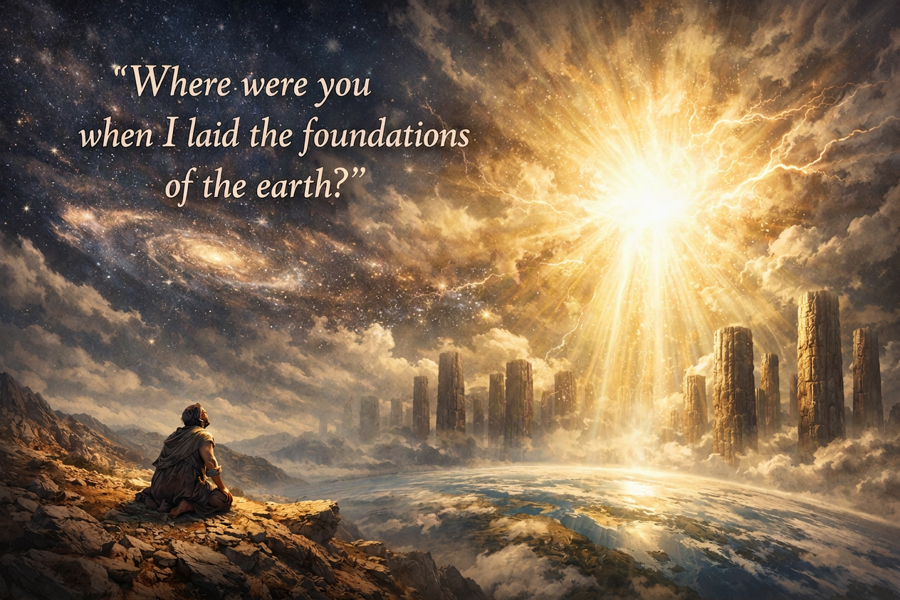 “Where were you when I laid the foundations of the earth?” above a figure viewing a cosmic landscape