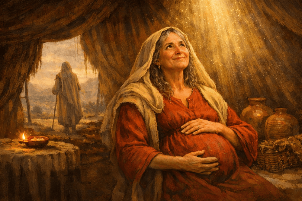Pregnant woman in a red dress rests inside a cave as sunlight streams through the entrance