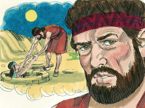 Joseph being removed from the pit Illustration of a bearded man in a red headband watching a man pull someone from a well