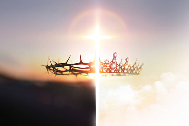 Symbolic contrast between suffering and royalty Crown of thorns transforming into a jeweled crown against a radiant sky