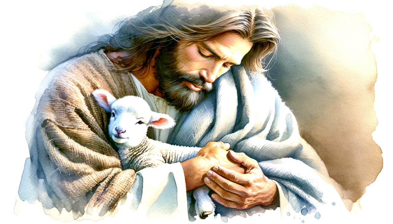 Tender shepherd embracing a lamb Bearded man in robes cradling a lamb in a watercolor-style illustration
