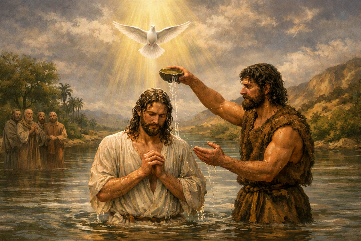 John the Baptist baptizes Jesus in a river beneath a descending dove