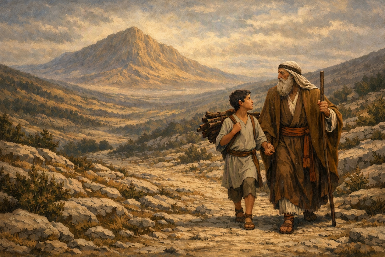 Biblical journey through rugged mountain wilderness An older man and boy walk through a rocky mountain valley beneath a towering peak