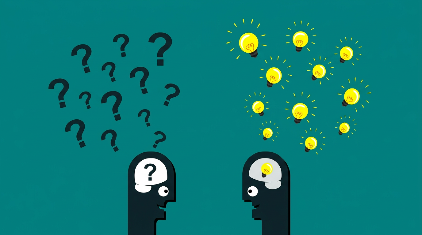 Transforming questions into innovative ideas Two silhouetted heads exchange questions and bright ideas, represented by question marks and light bulbs