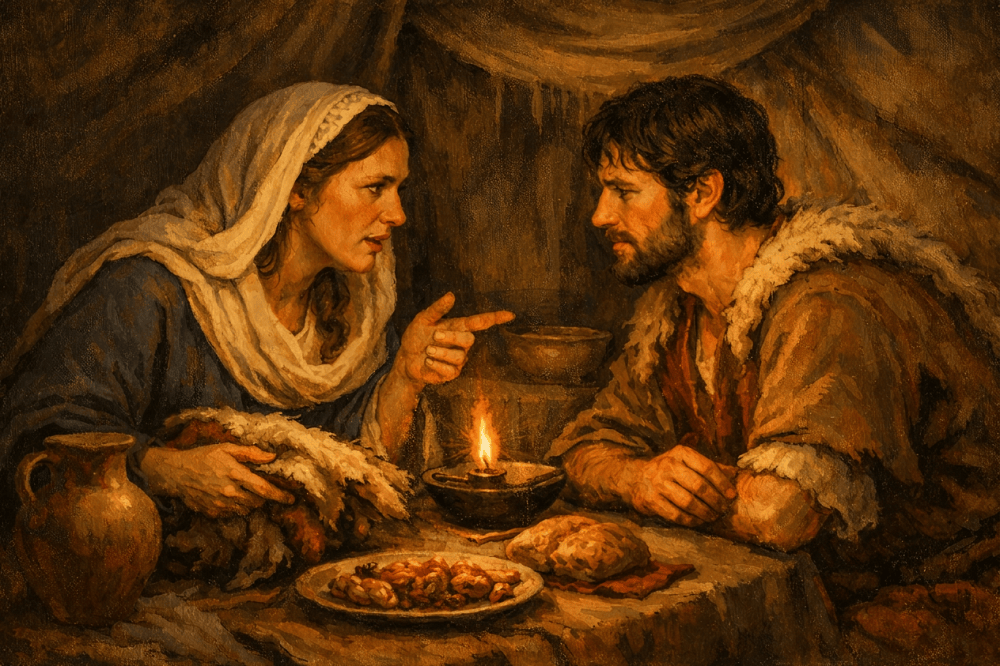 Warm-toned painting of a woman and bearded man sharing a meal by candlelight