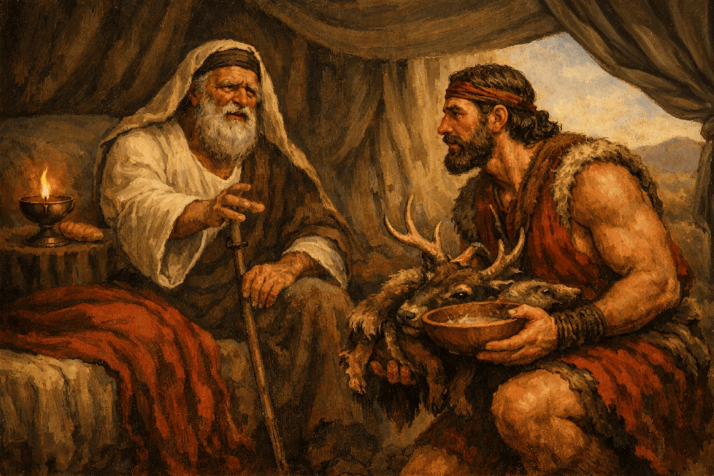 An elderly robed man speaks with a hunter holding a bowl beside a stag in a tent
