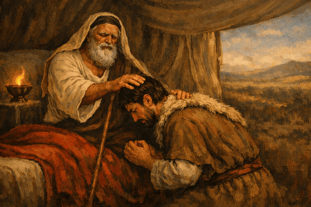 Elderly robed man places his hands on a kneeling man's head inside a tent
