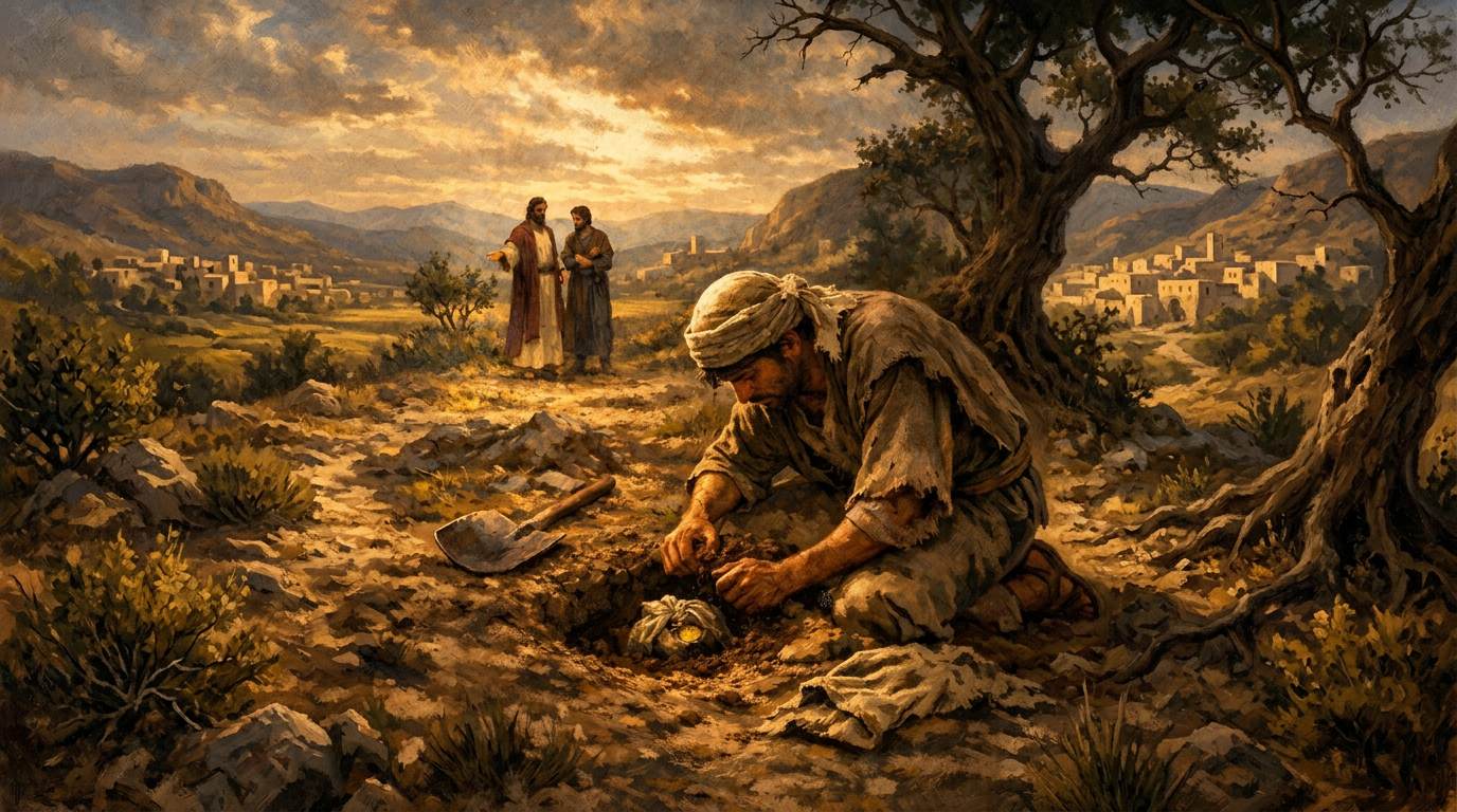A laborer buries a cloth-wrapped gold coin while two men watch in a mountain valley