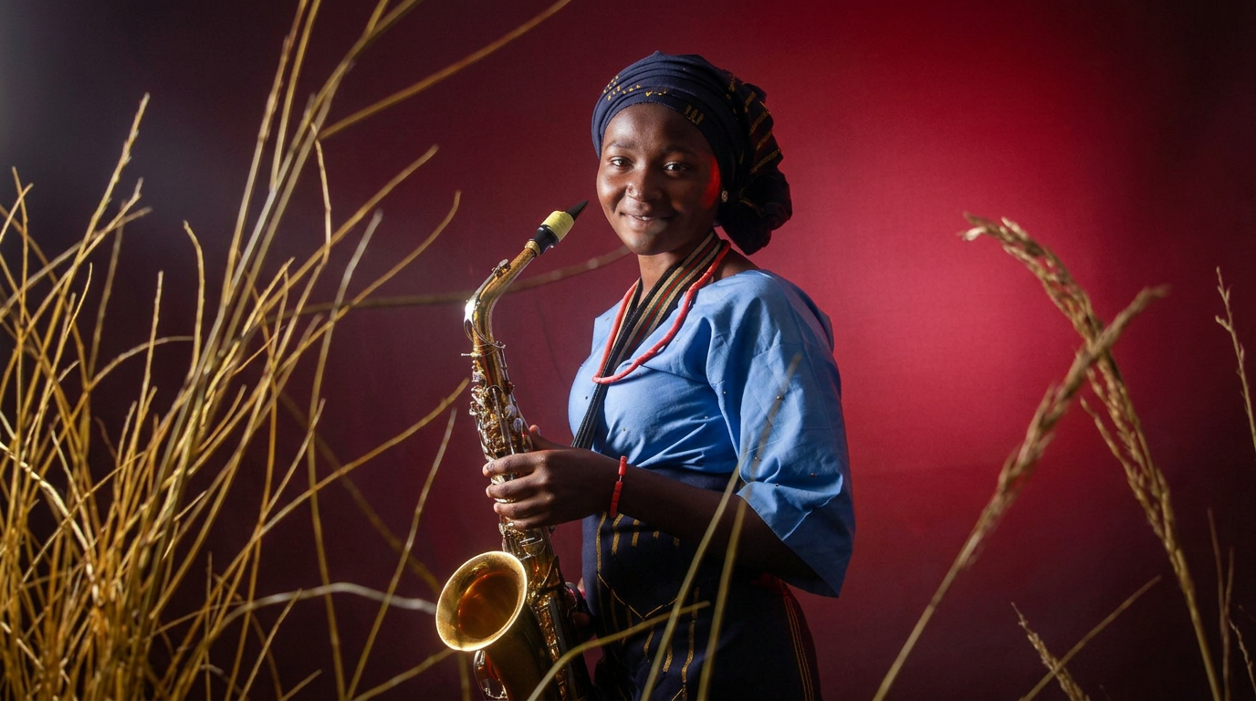 Smiling woman in traditional attire holding a saxophone against a red backdrop