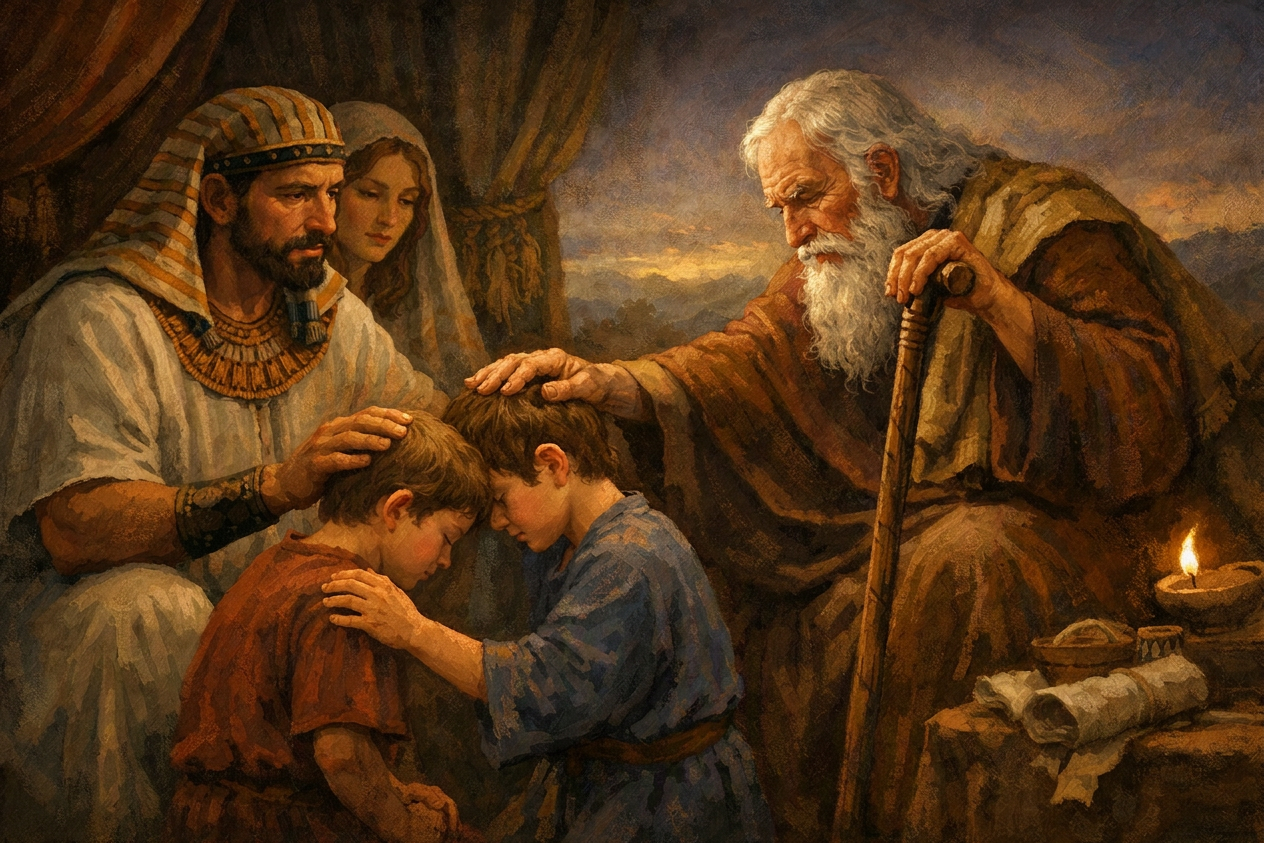 Biblical patriarch blessing Joseph’s sons by candlelight An elderly bearded man and Egyptian-clad adults bless two kneeling boys inside a tent